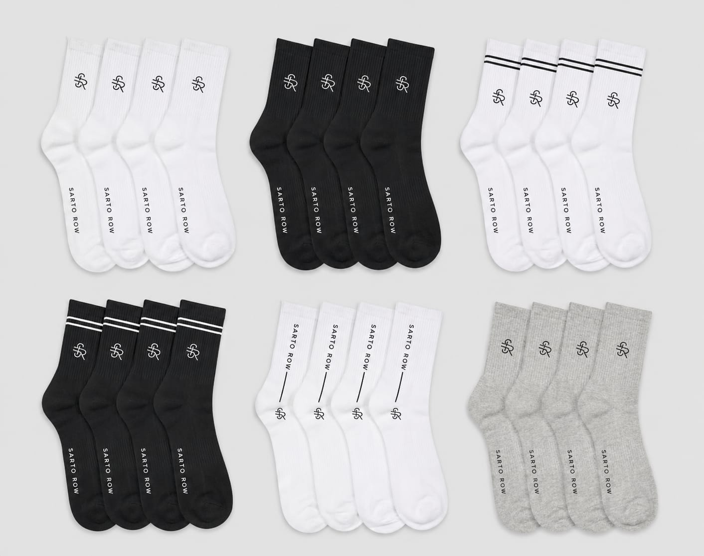 Sarto Row classic crew socks in white, black and grey